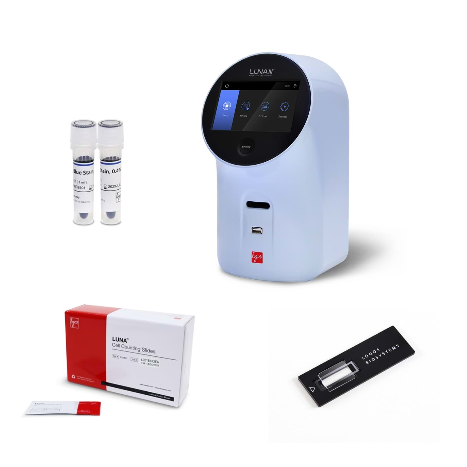 Luna III Automated cell counter sustainable package with reusable slides 